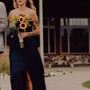 Navy Strapless Lace Floor Length Dress